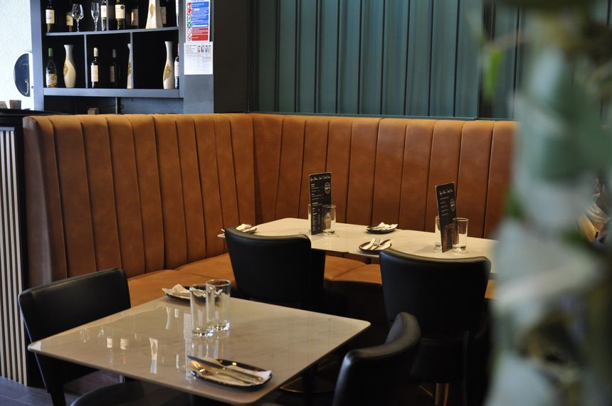 Banquette seating and a set table